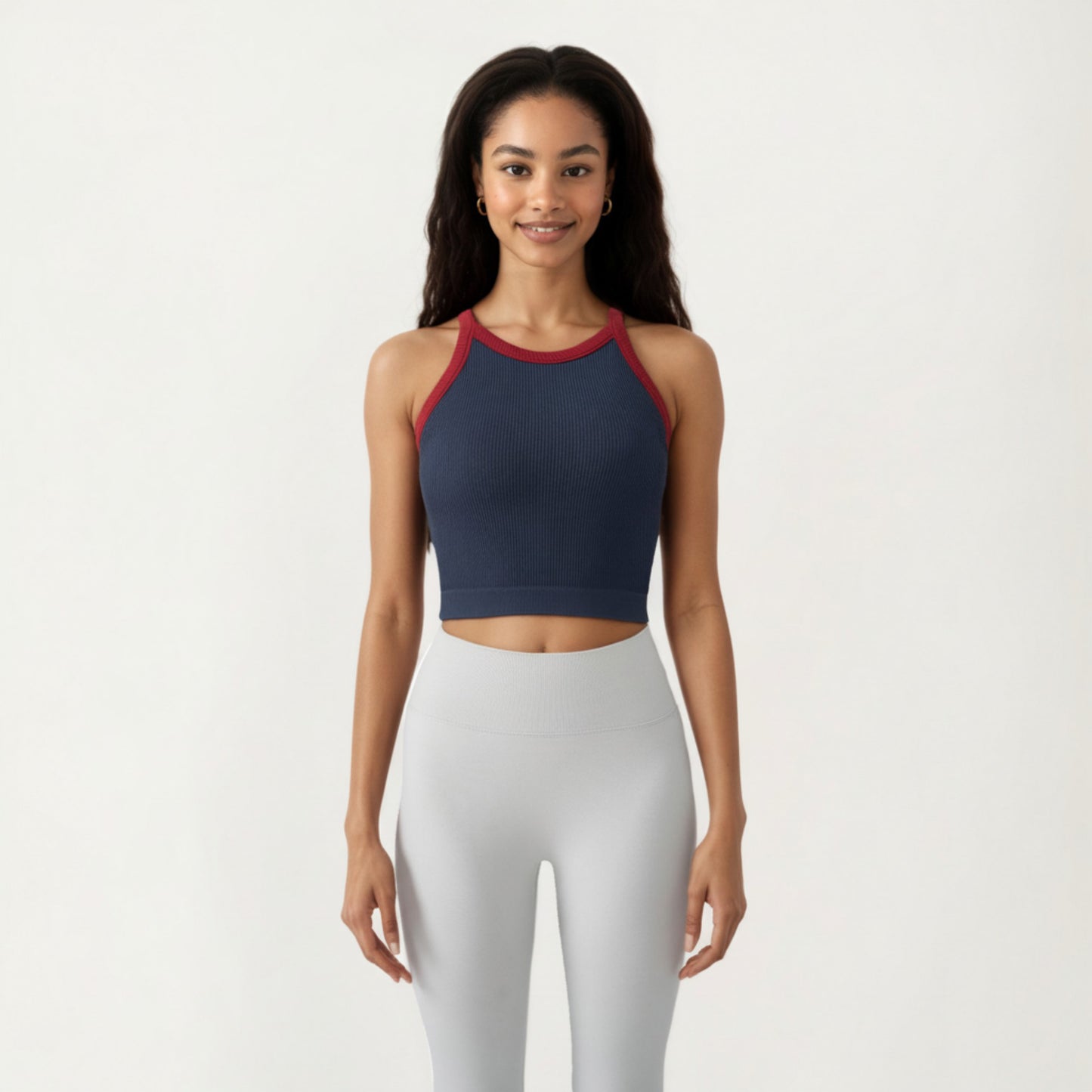 Ribbed High Neck Racerback Crop Top with Stretch Knit Fabric and Supportive Underband