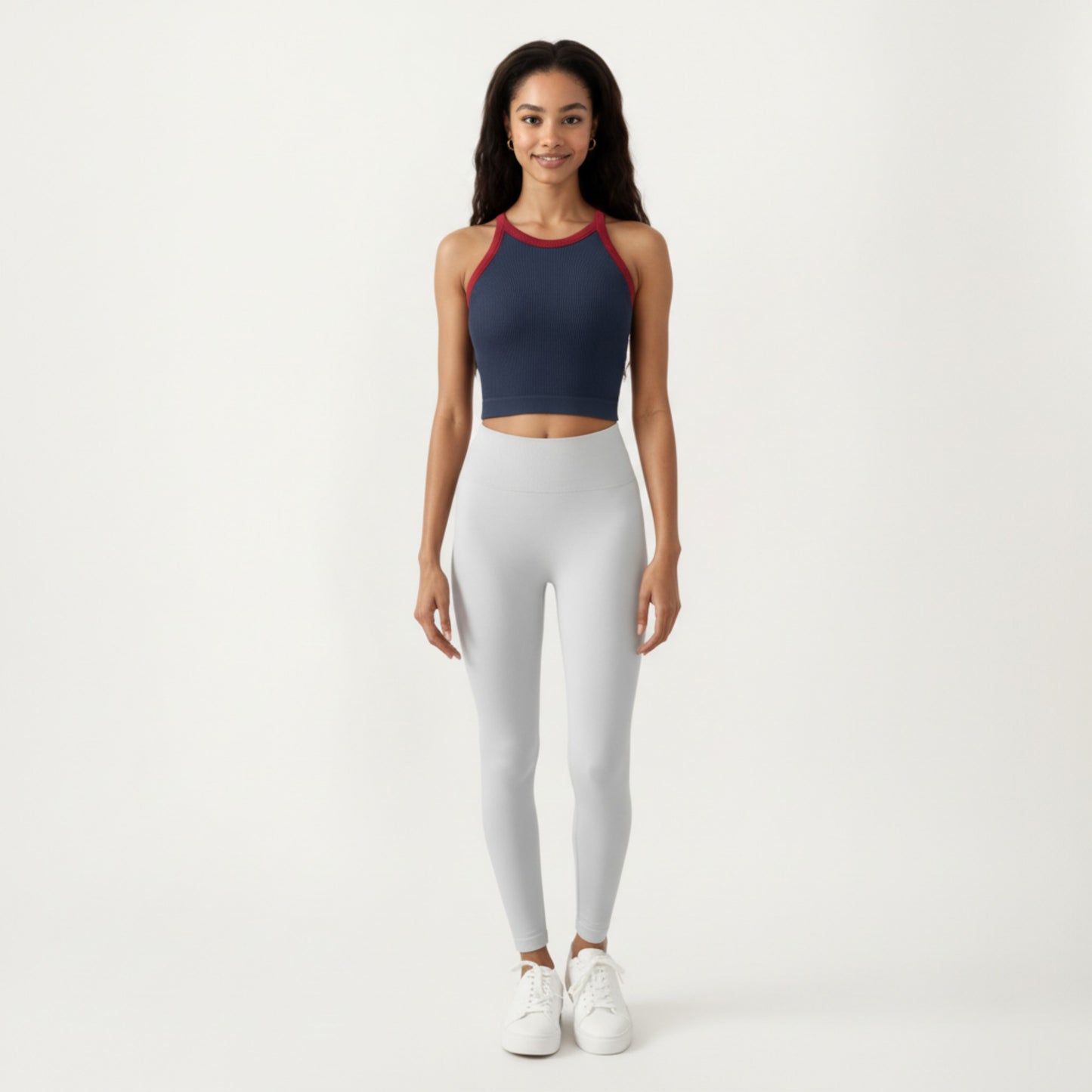 Ribbed High Neck Racerback Crop Top with Stretch Knit Fabric and Supportive Underband