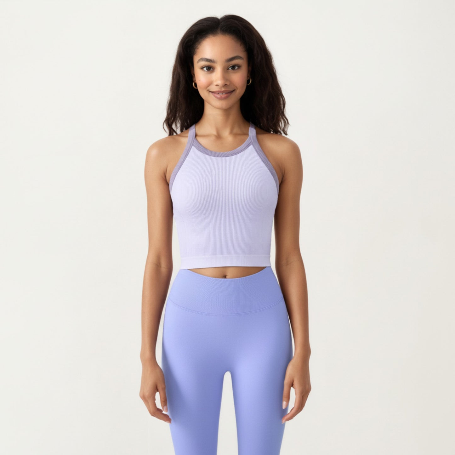 Ribbed High Neck Racerback Crop Top with Stretch Knit Fabric and Supportive Underband