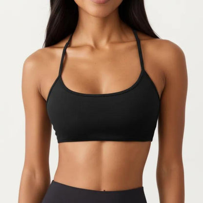 Strappy Back Sports Bra with Scoop Neckline and Stretch Knit Fabric
