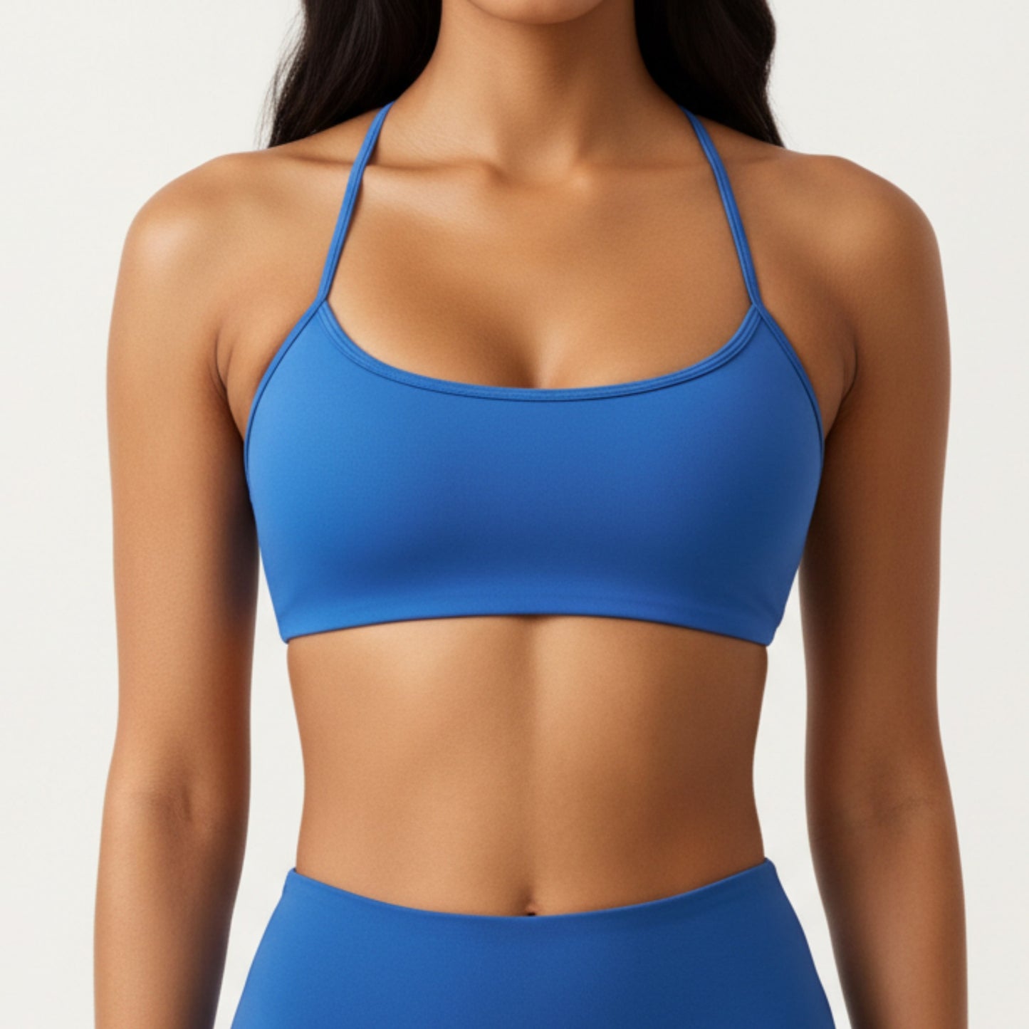 Strappy Back Sports Bra with Scoop Neckline and Stretch Knit Fabric