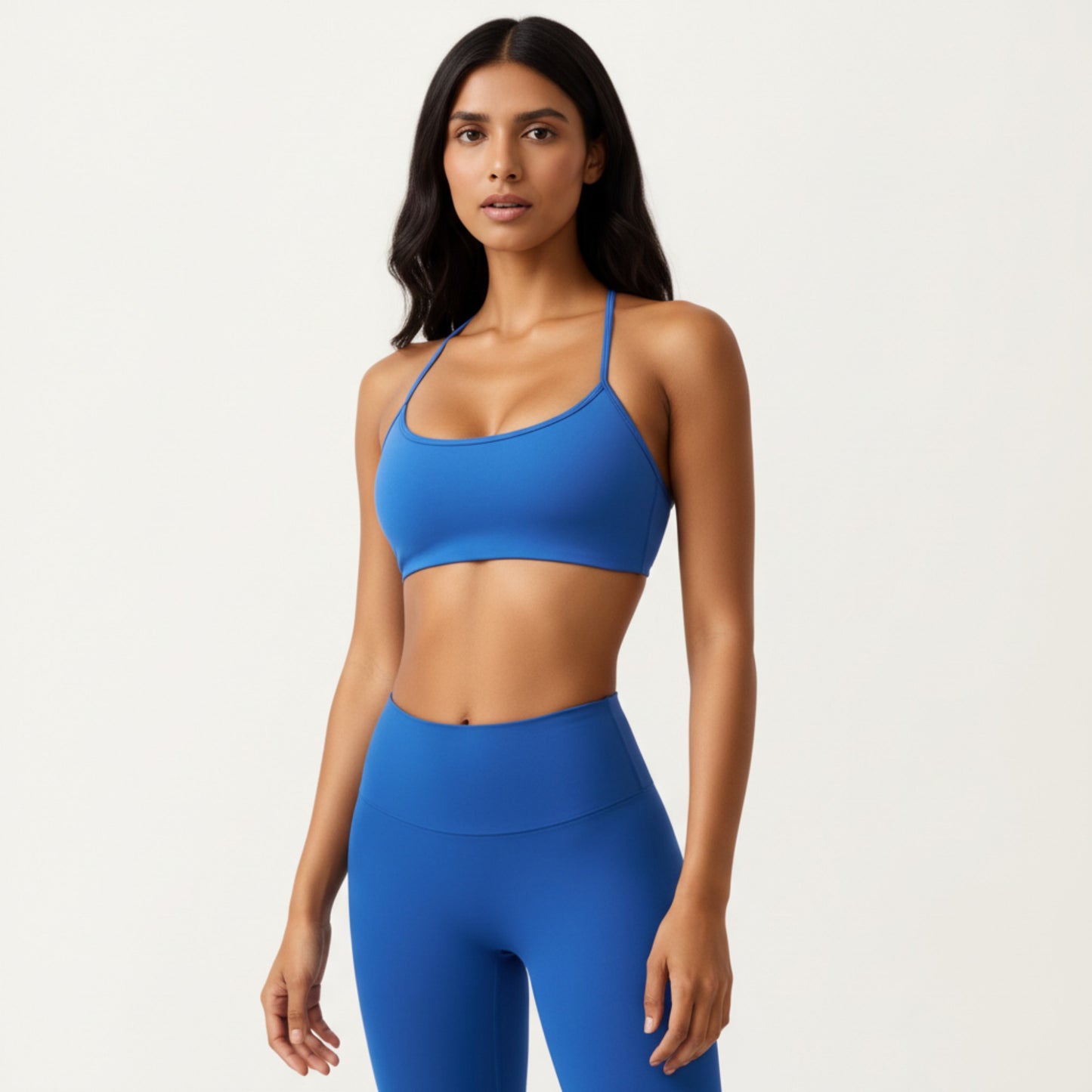 Strappy Back Sports Bra with Scoop Neckline and Stretch Knit Fabric