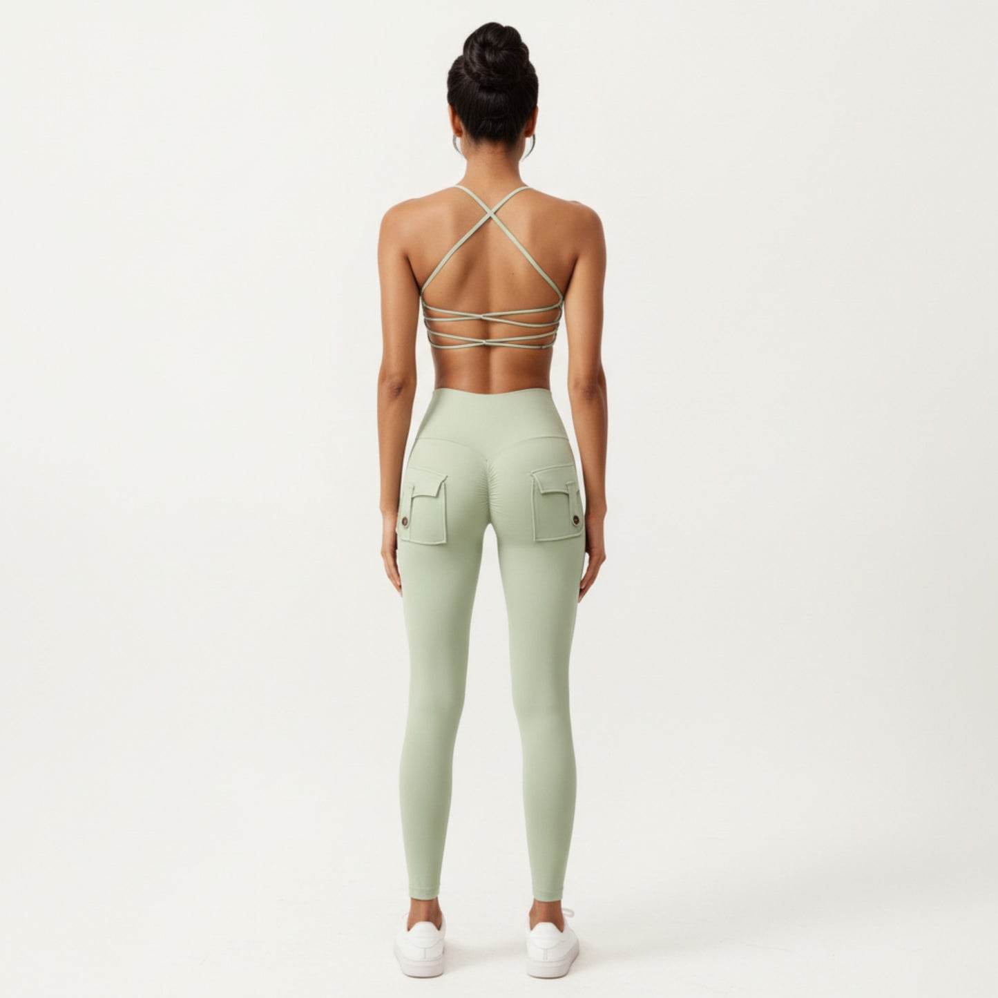Strappy Back Sports Bra with Scoop Neckline and Stretch Knit Fabric