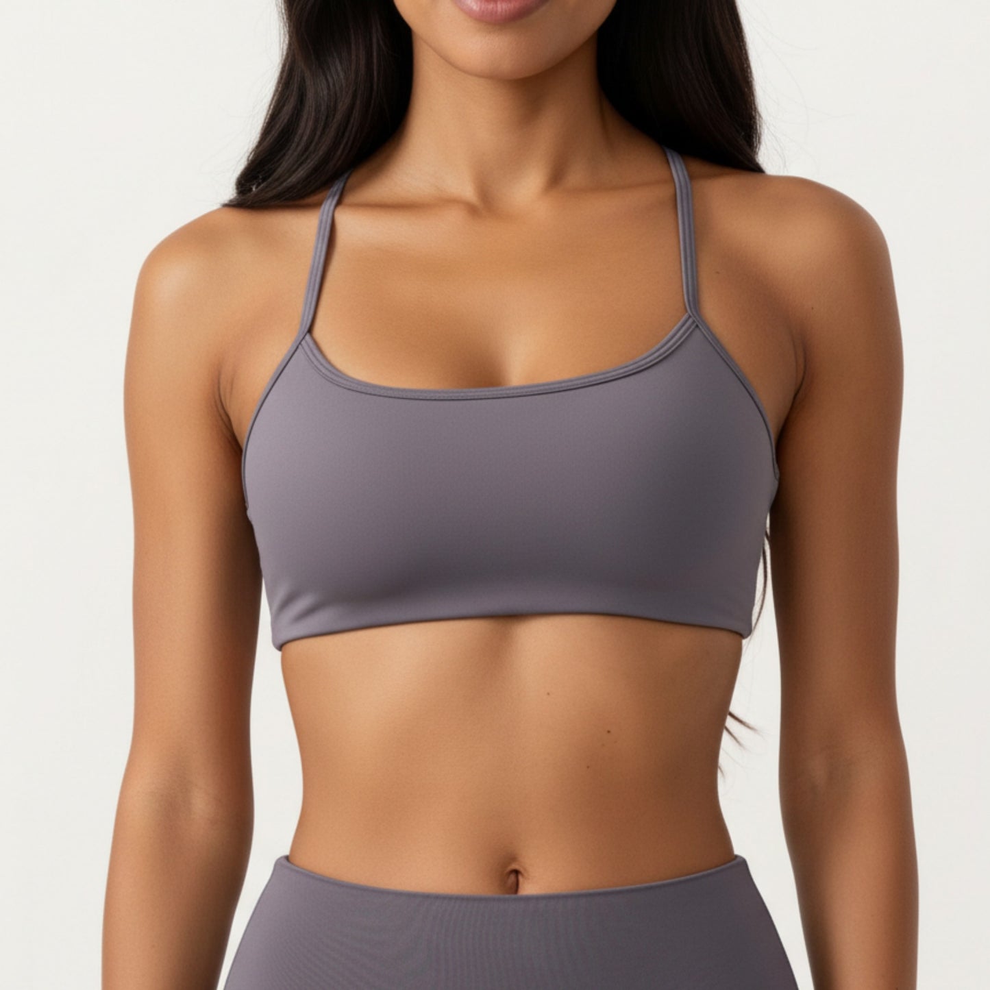 Strappy Back Sports Bra with Scoop Neckline and Stretch Knit Fabric