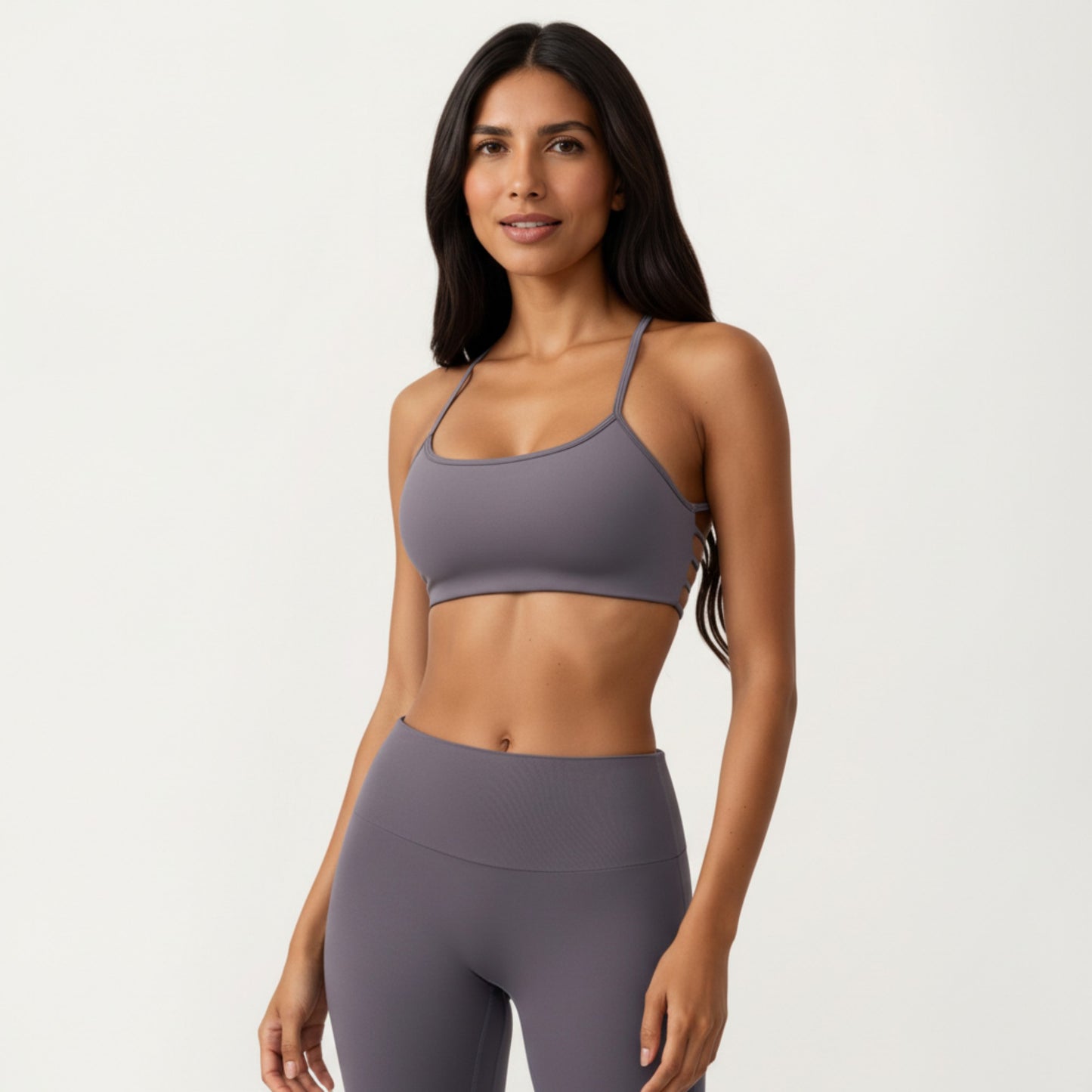Strappy Back Sports Bra with Scoop Neckline and Stretch Knit Fabric