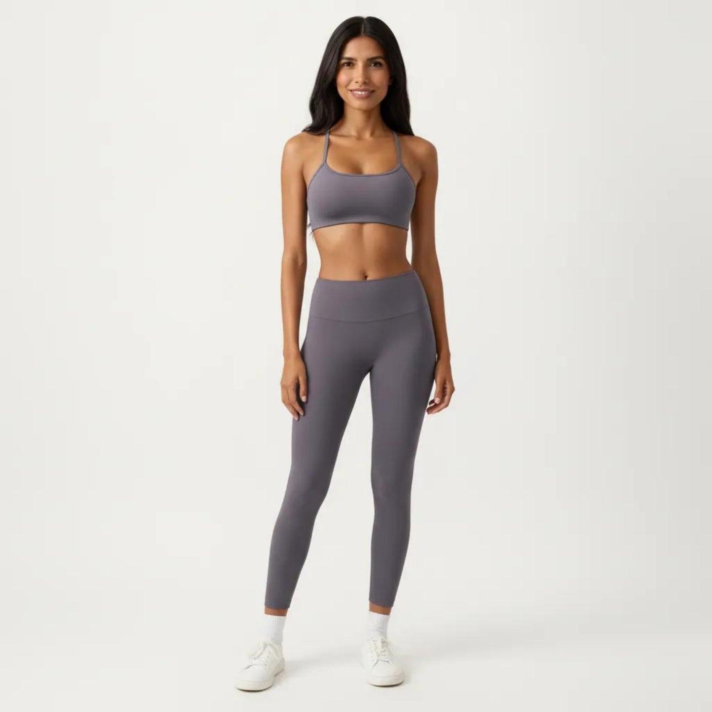 Strappy Back Sports Bra with Scoop Neckline and Stretch Knit Fabric