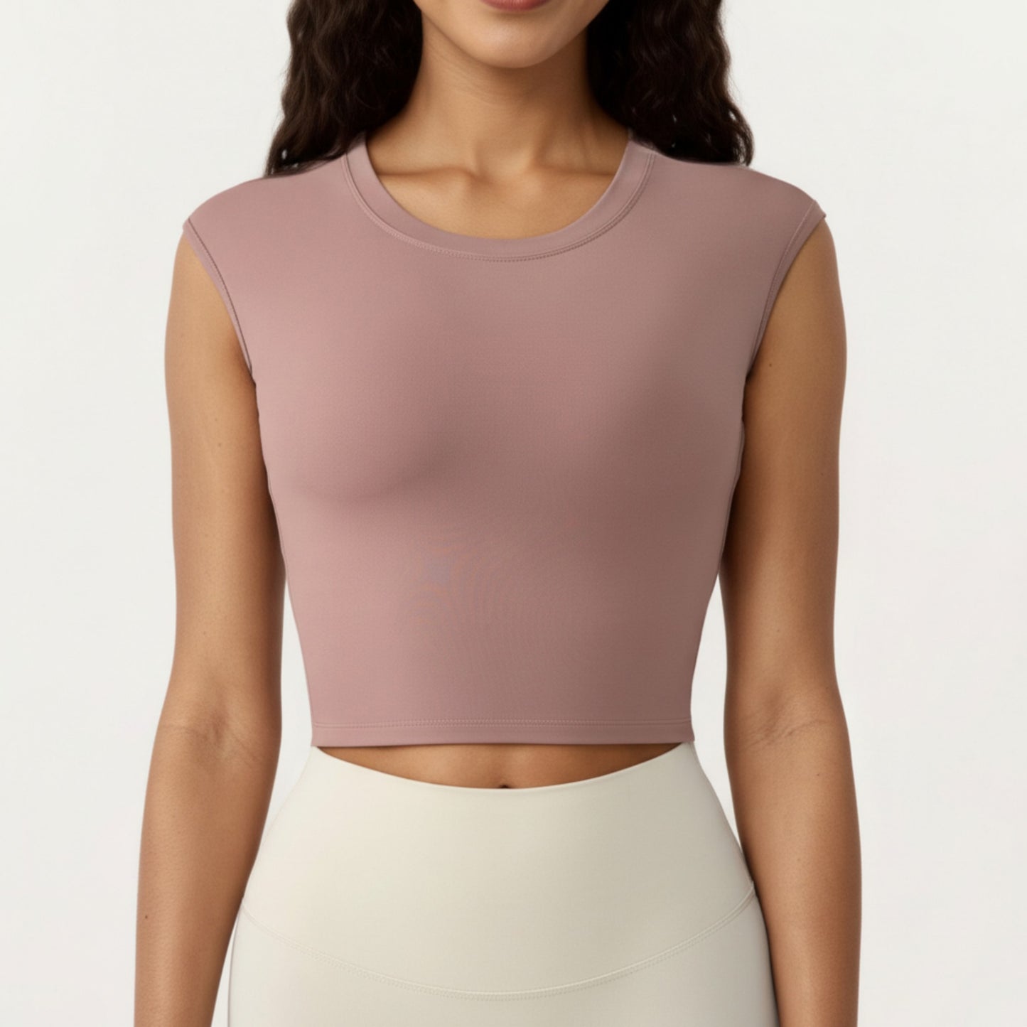 Sleeveless Cropped Fitted Active Tank Top with Smooth Stretch Fabric and Crew Neckline