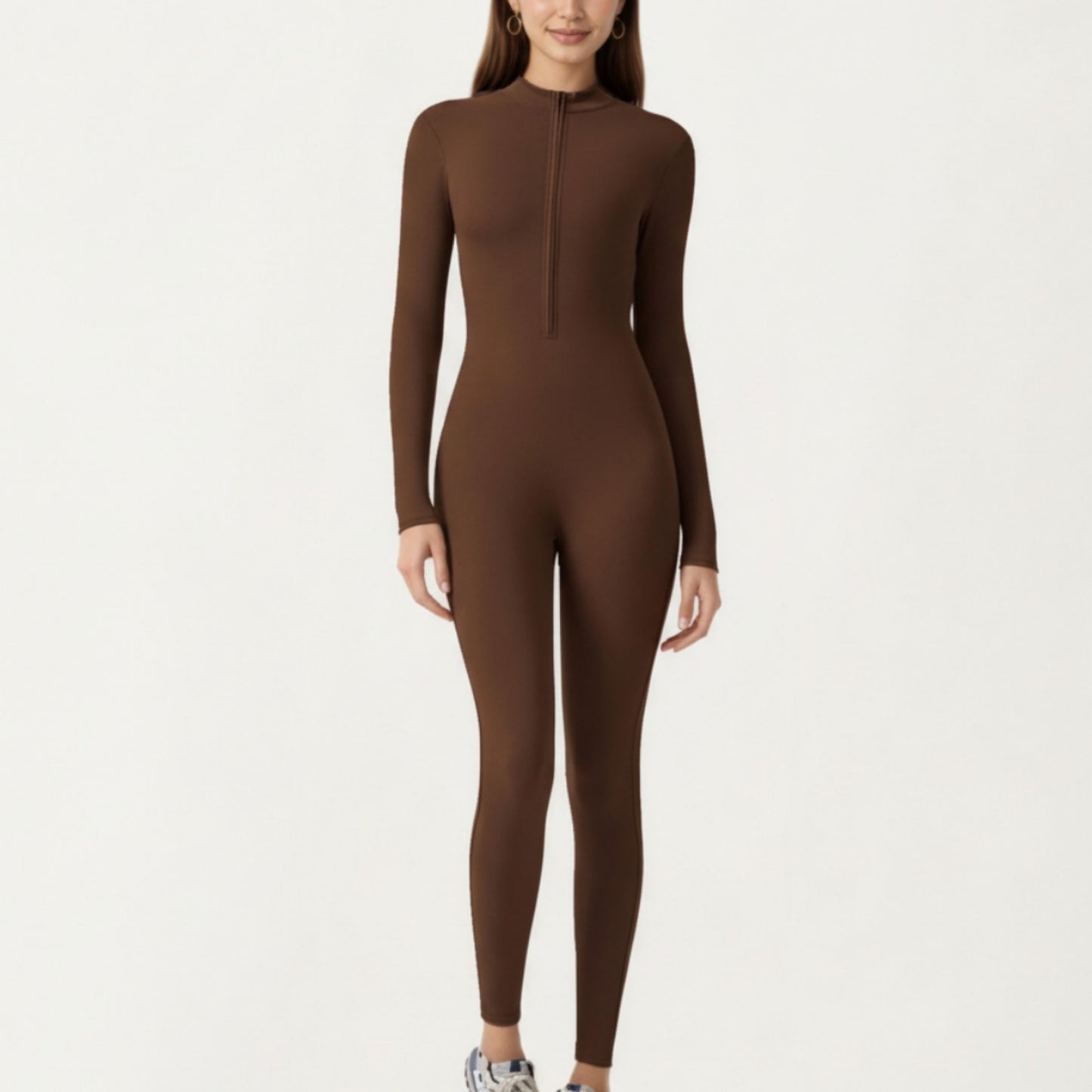 Long Sleeve Full Length Active Romper with Front Half Zip and Sculpted One-Piece Fit