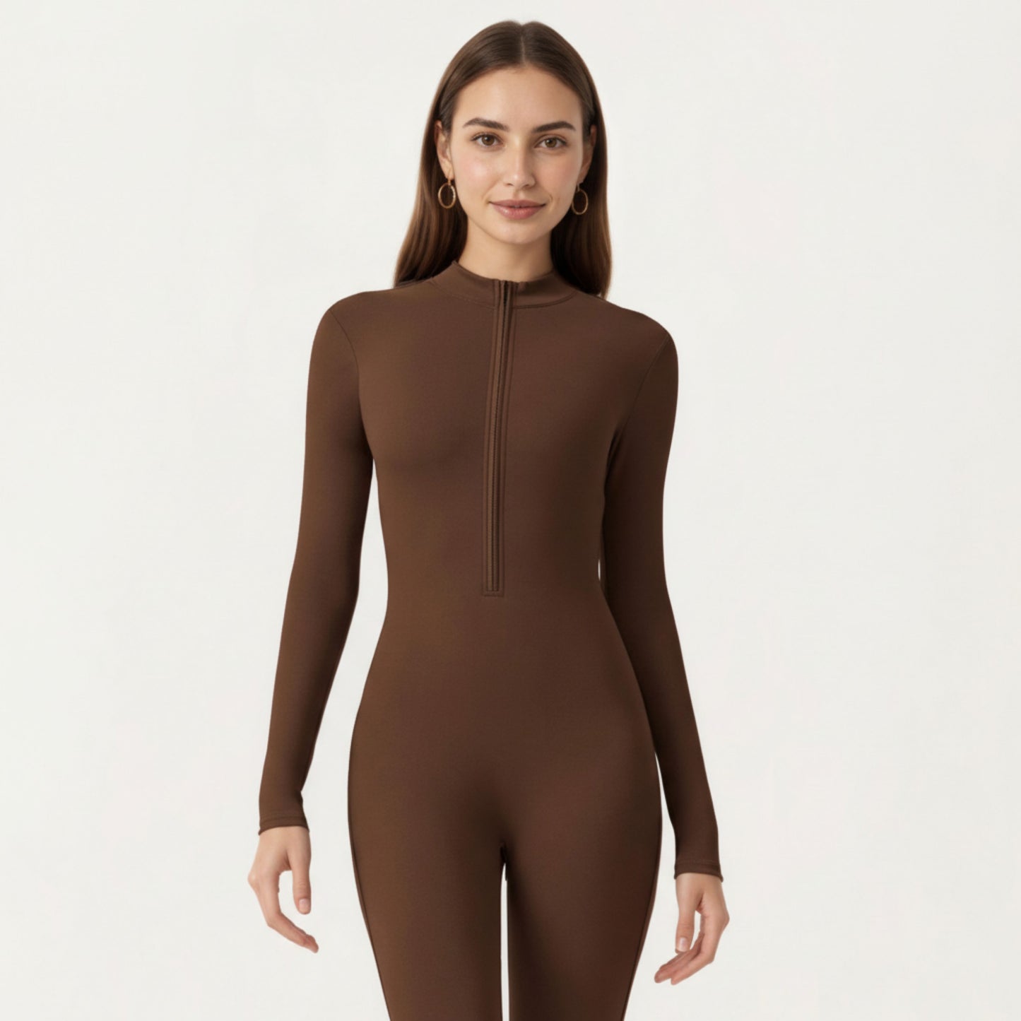 Long Sleeve Full Length Active Romper with Front Half Zip and Sculpted One-Piece Fit