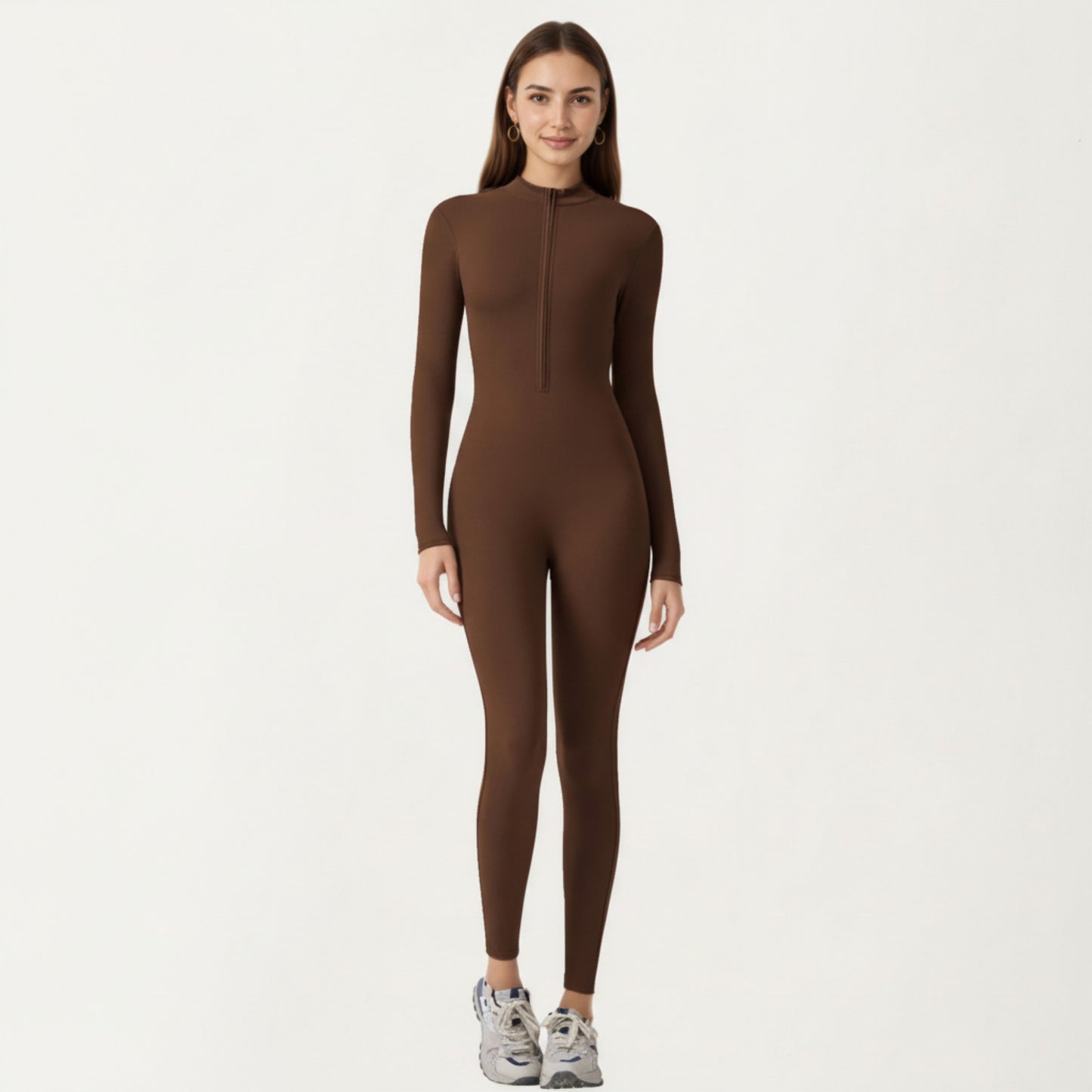 Long Sleeve Full Length Active Romper with Front Half Zip and Sculpted One-Piece Fit