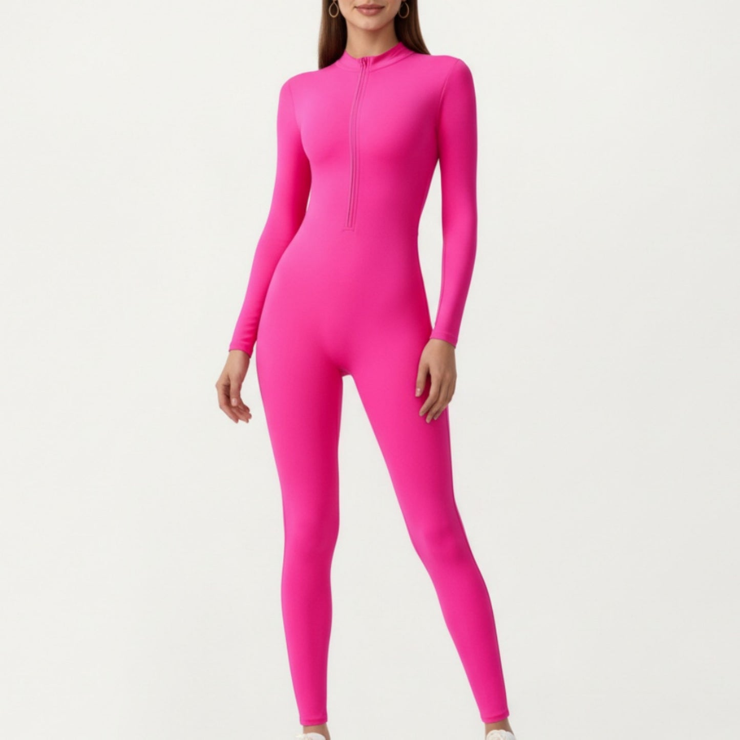 Long Sleeve Full Length Active Romper with Front Half Zip and Sculpted One-Piece Fit