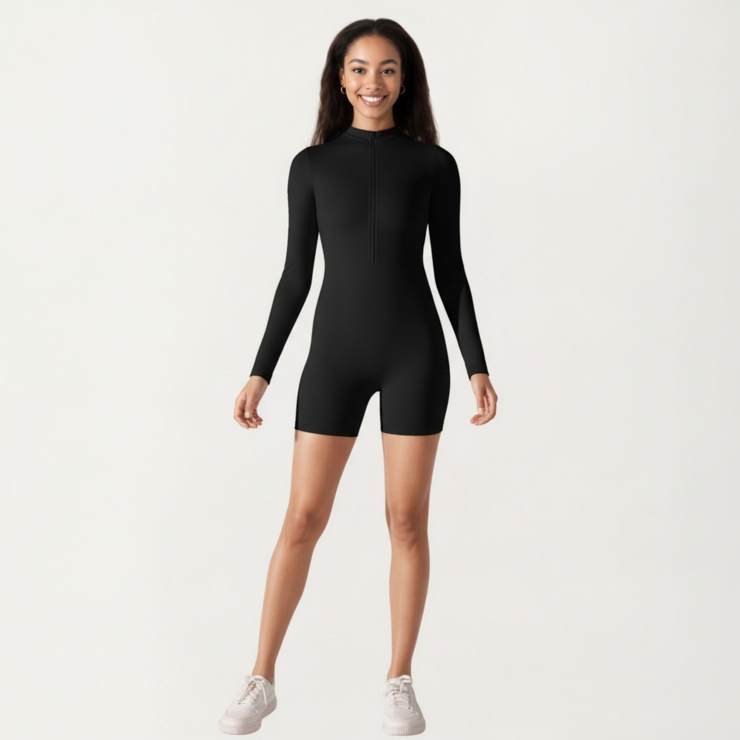 Long Sleeve Fitted Active Romper with Front Half Zip and Stretch One-Piece Design