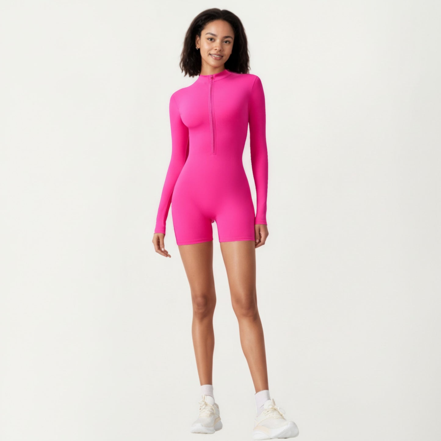 Long Sleeve Fitted Active Romper with Front Half Zip and Stretch One-Piece Design