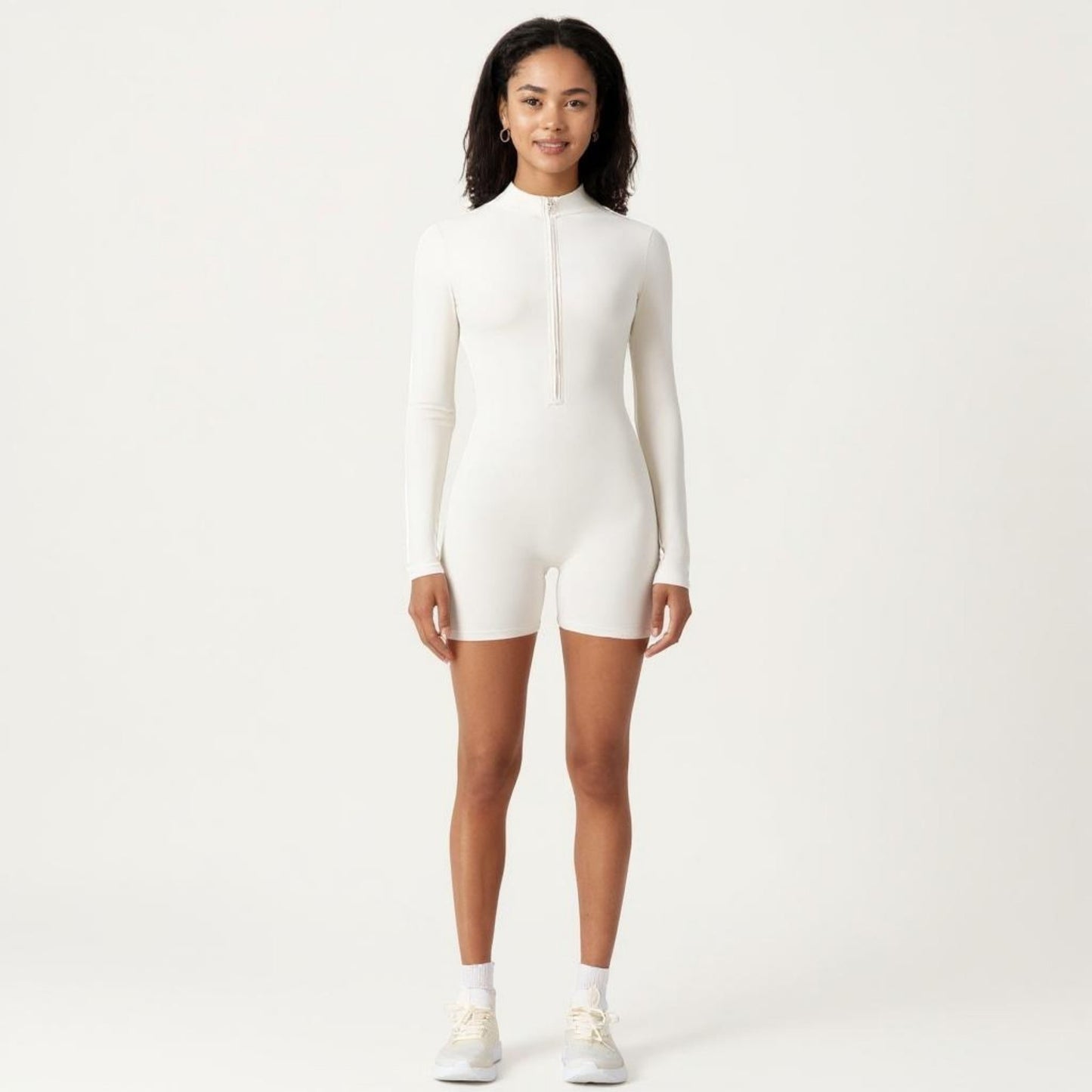 Long Sleeve Fitted Active Romper with Front Half Zip and Stretch One-Piece Design