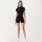 Short Sleeve Fitted Active Romper with Front Half Zip and Stretch One-Piece Design