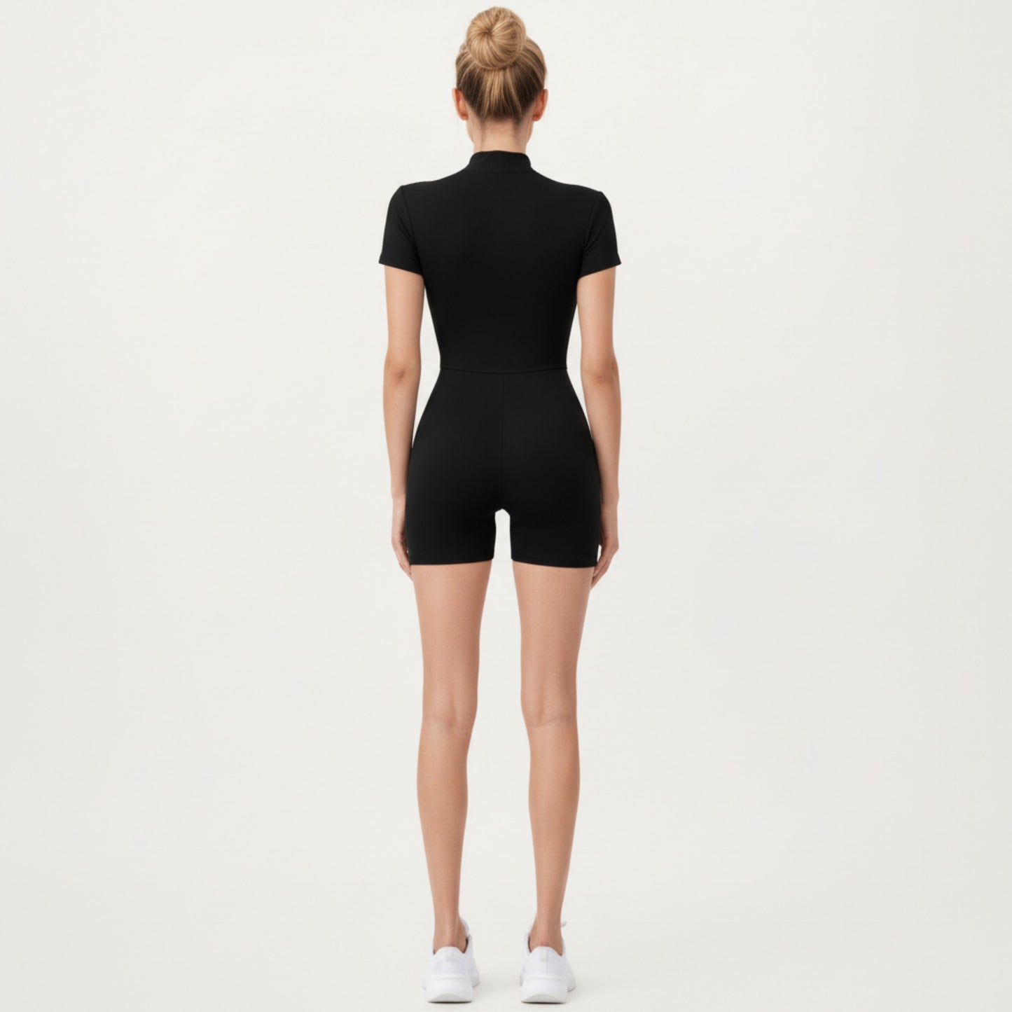 Short Sleeve Fitted Active Romper with Front Half Zip and Stretch One-Piece Design