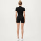 Short Sleeve Fitted Active Romper with Front Half Zip and Stretch One-Piece Design