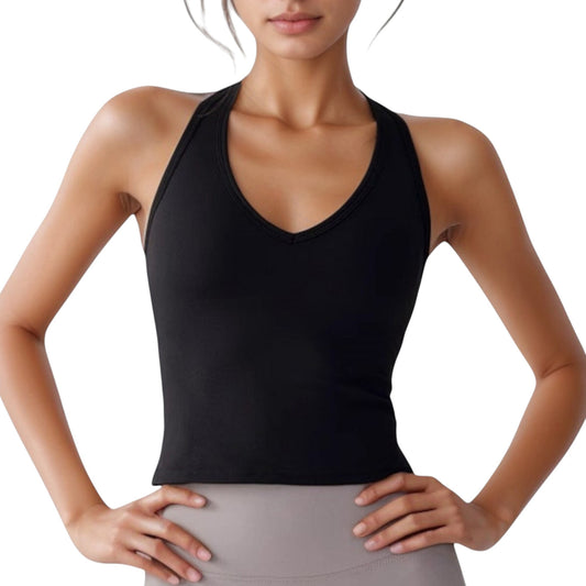 V-Neck Cropped Activewear Tank with T-Strap Back and Stretch Fabric