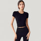 Short Sleeve Open Back Crop Top with Twist Detail and Fitted Silhouette