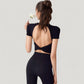 Short Sleeve Open Back Crop Top with Twist Detail and Fitted Silhouette