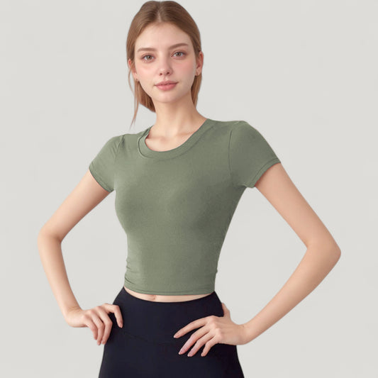 Short Sleeve Open Back Crop Top with Twist Detail and Fitted Silhouette