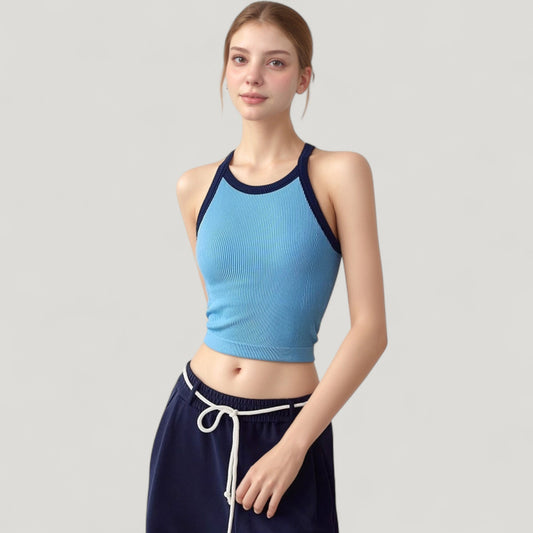 Ribbed Racerback Cropped Tank Top with Contrast Trim and Fitted Stretch Fabric