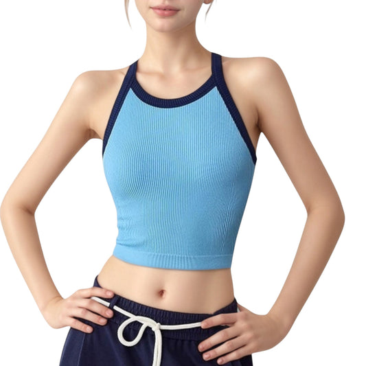 Ribbed Racerback Cropped Tank Top with Contrast Trim and Fitted Stretch Fabric
