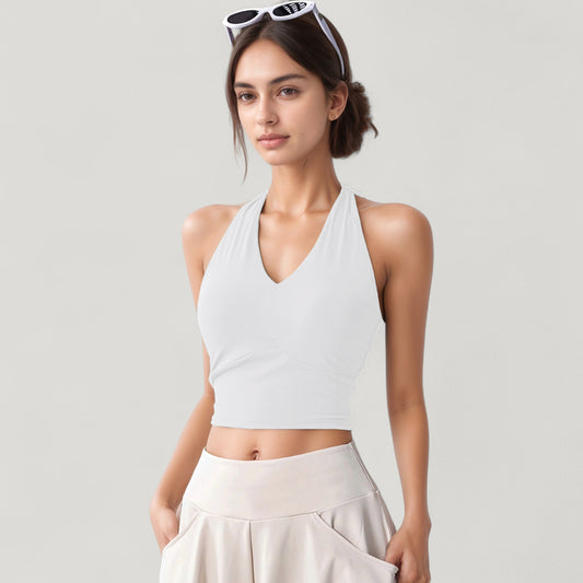 Halter Neck Fitted Crop Top with Soft Stretch Fabric and Contoured Waist