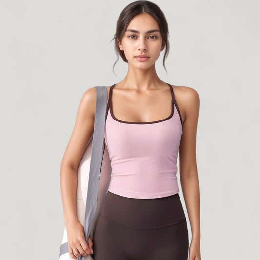 Square Neck Fitted Crop Tank Top with Contrast Trim and Soft Stretch Fabric