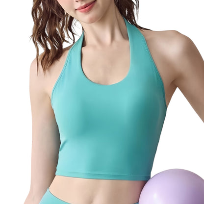 Halter Neck Athletic Crop Top with Cross Back Detail and Stretch Fabric