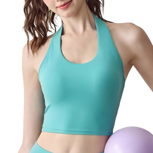 Halter Neck Athletic Crop Top with Cross Back Detail and Stretch Fabric