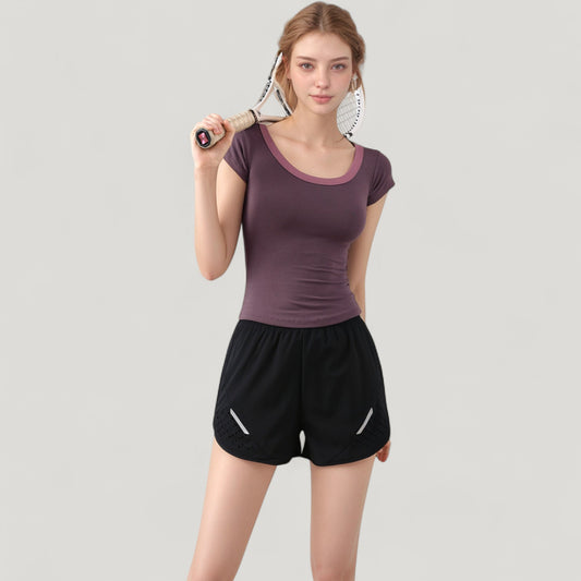 Scoop Neck Contrast Trim Fitted Short Sleeve Active Top