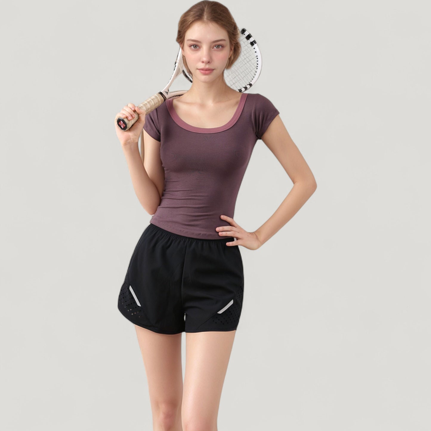 Scoop Neck Contrast Trim Fitted Short Sleeve Active Top