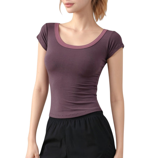 Scoop Neck Contrast Trim Fitted Short Sleeve Active Top