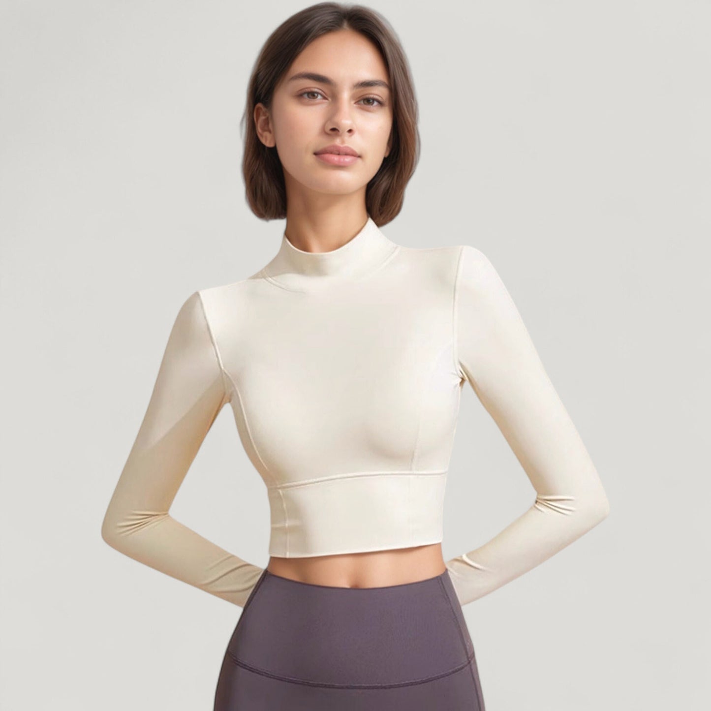 Long Sleeve Crop Top with High Neck and Open Back Design