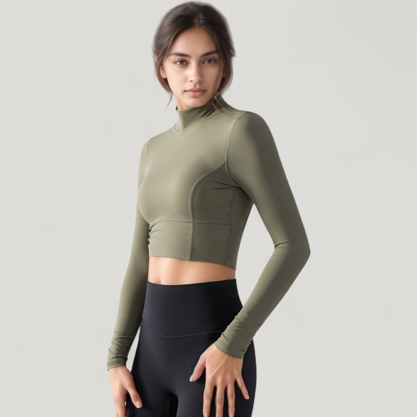 Long Sleeve Crop Top with High Neck and Open Back Design