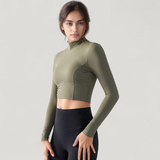 Long Sleeve Crop Top with High Neck and Open Back Design