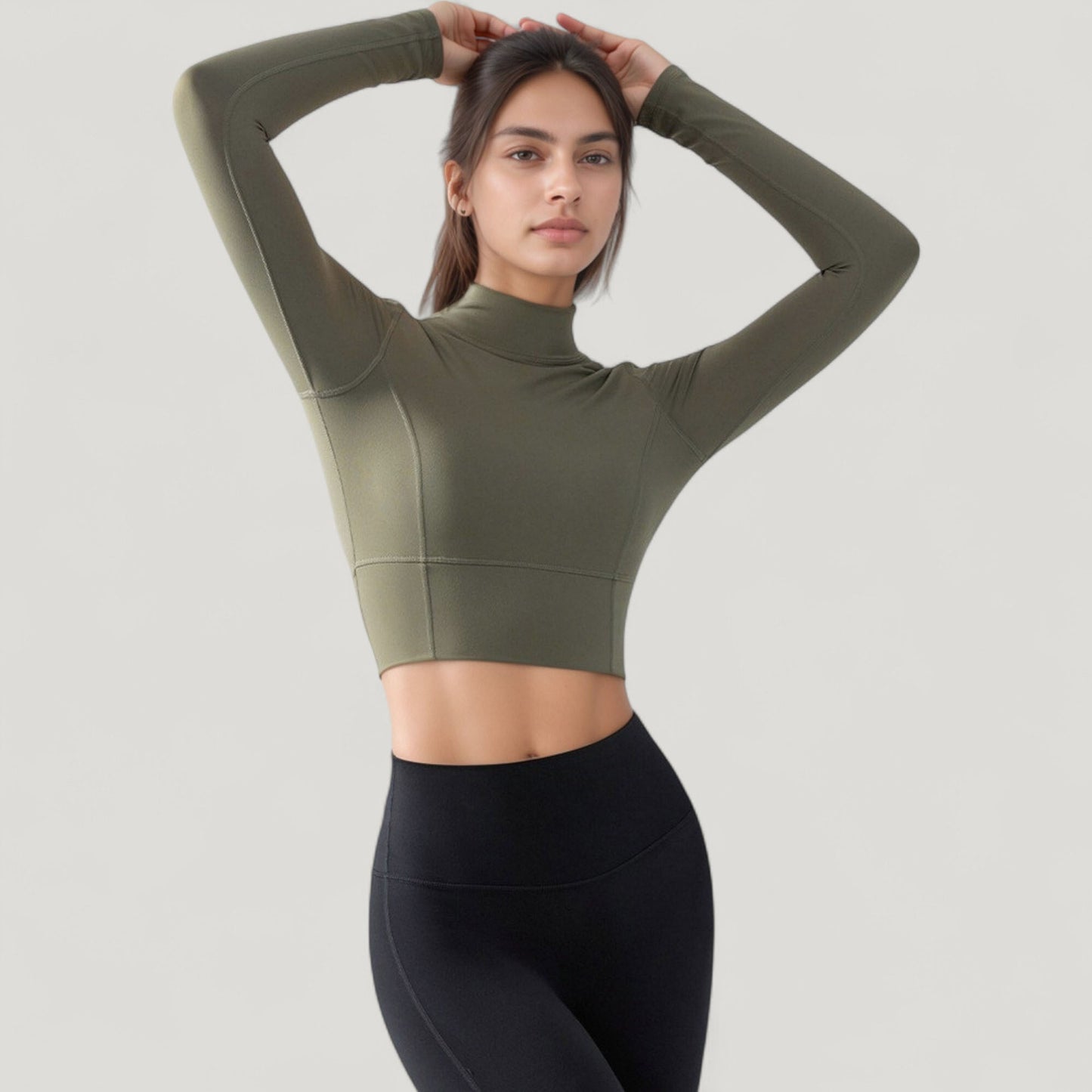 Long Sleeve Crop Top with High Neck and Open Back Design