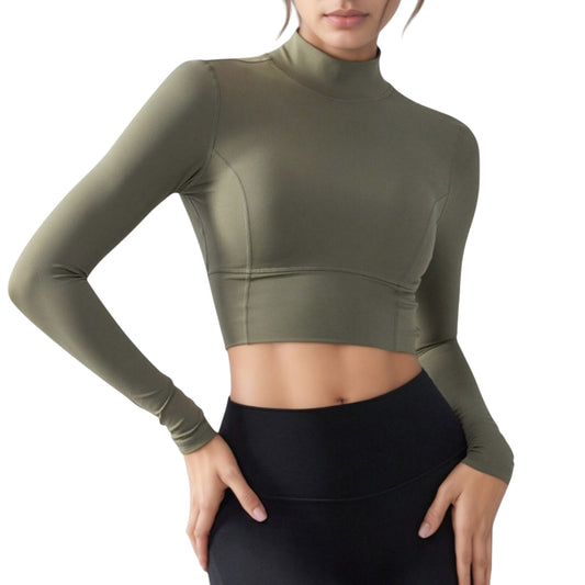 Long Sleeve Crop Top with High Neck and Open Back Design