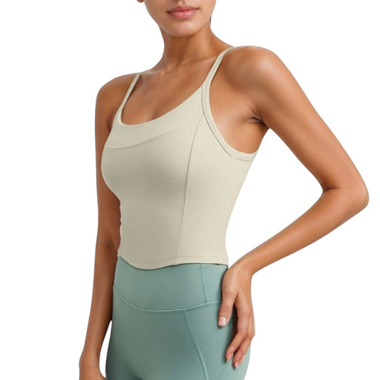 Strappy Back Longline Activewear Tank Top with Scoop Neckline and Built-In Bra Support