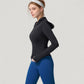 Full Zip Long Sleeve Hooded Active Jacket with Slim Fit and Thumbhole Cuffs
