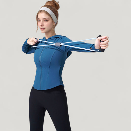Full Zip Long Sleeve Hooded Active Jacket with Slim Fit and Thumbhole Cuffs