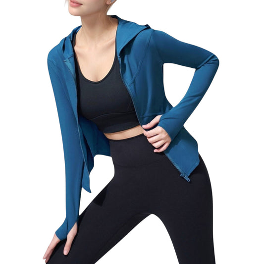 Full Zip Long Sleeve Hooded Active Jacket with Slim Fit and Thumbhole Cuffs