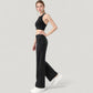 Ribbed High Neck Crop Top with Double Strap Detail