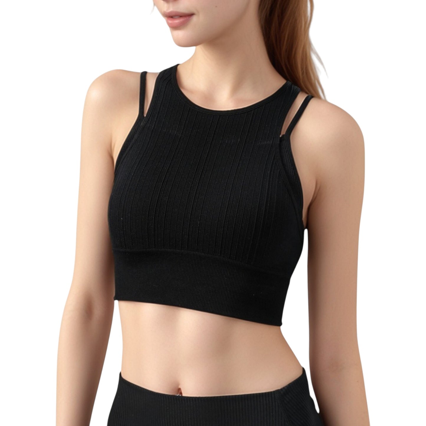 Ribbed High Neck Crop Top with Double Strap Detail