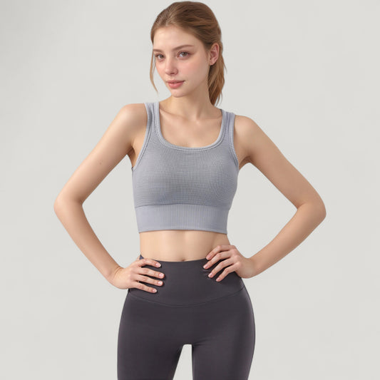 Ribbed Seamless Sports Bra with Scoop Neck and Wide Straps