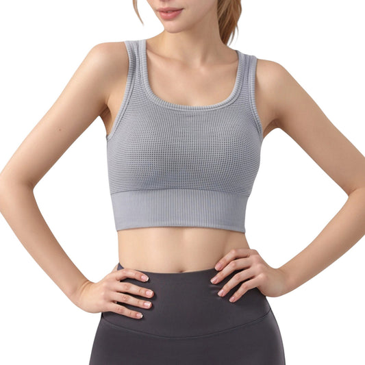 Ribbed Seamless Sports Bra with Scoop Neck and Wide Straps