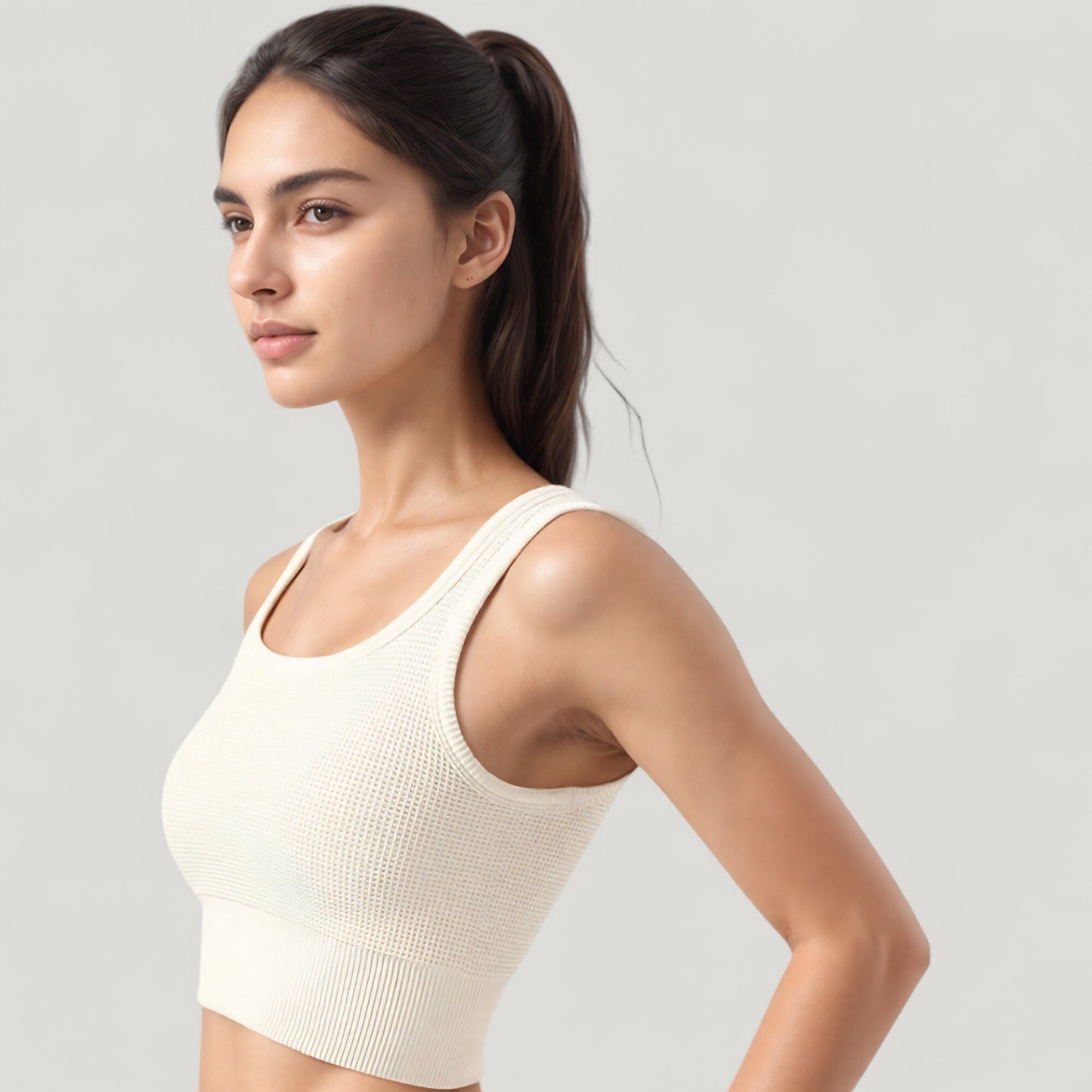 Ribbed Seamless Sports Bra with Scoop Neck and Wide Straps