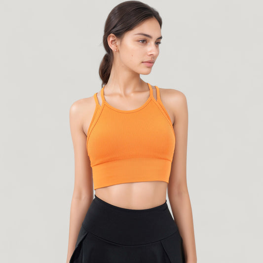 Double Strap Crew Neck Ribbed Crop Top with Fitted Hem