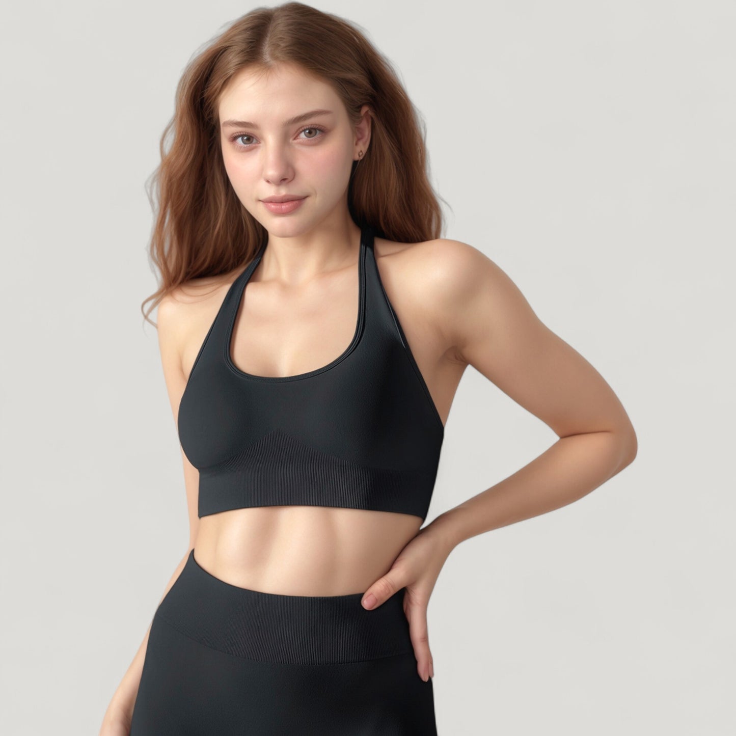 Seamless Halter Neck Athletic Crop Top with Ribbed Detailing